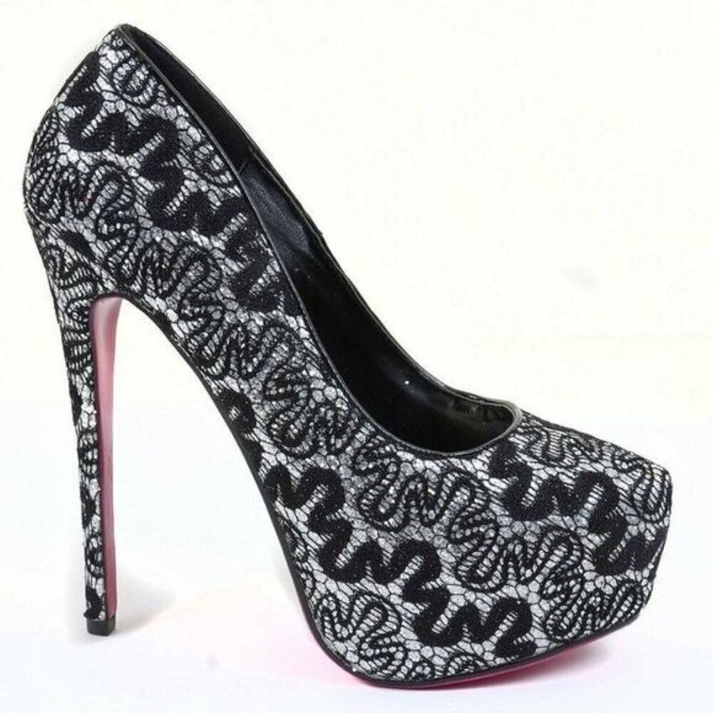 Lasonia Black Lace Overlay Glitter Almond Toe Stiletto Platform Heels Formal NEW
